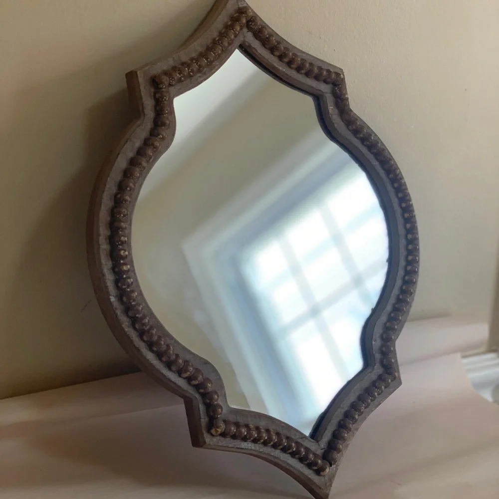 At Home Moroccan Quatrefoil Wall Mirror 16”Accent Distressed Wood beaded Rustic